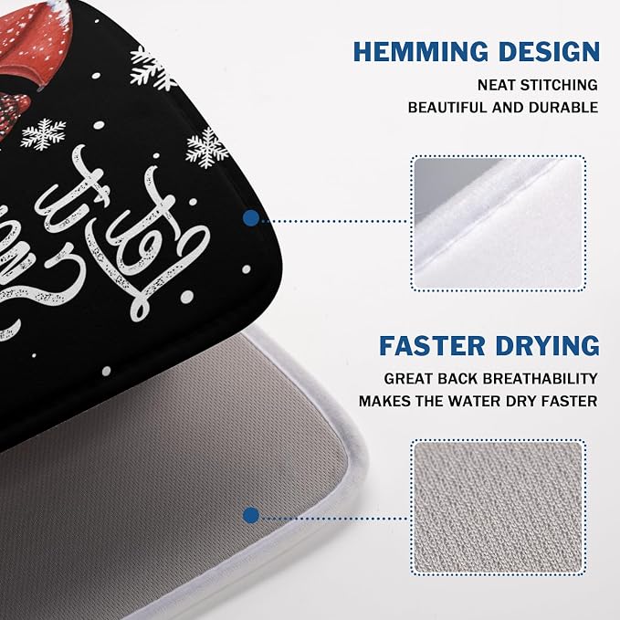 Black Snowman Dish Drying Mats for Kitchen Counter, Winter Snowflake Dish Mat Absorbent Reversible Microfiber Dish Drying Pad Christmas Kitchen Drying Mat Dish Drainer Rack Mats for Bar 18”x24”