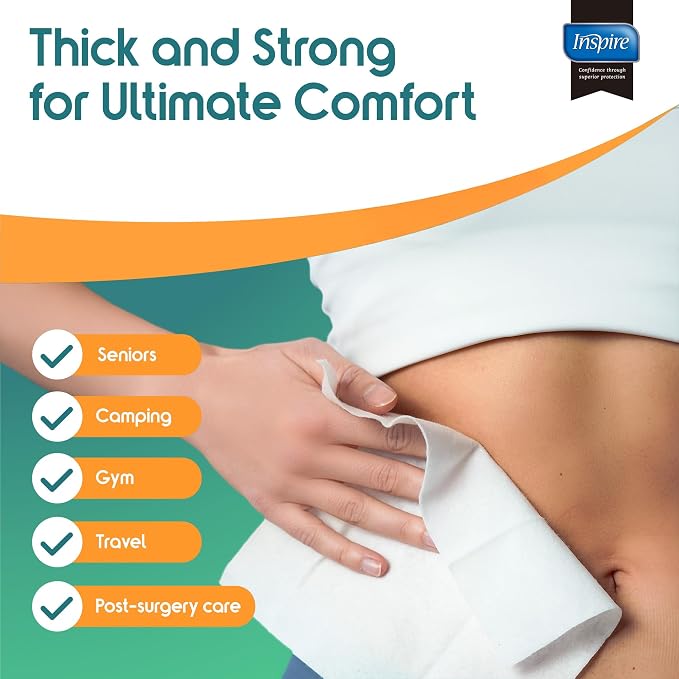Inspire Ultra Thick Rinse Free Body Wipes, Bathing Wipes, Rinse Free Wet Wipes, Thick Strong Extra Large With Aloe Vera Enriched
