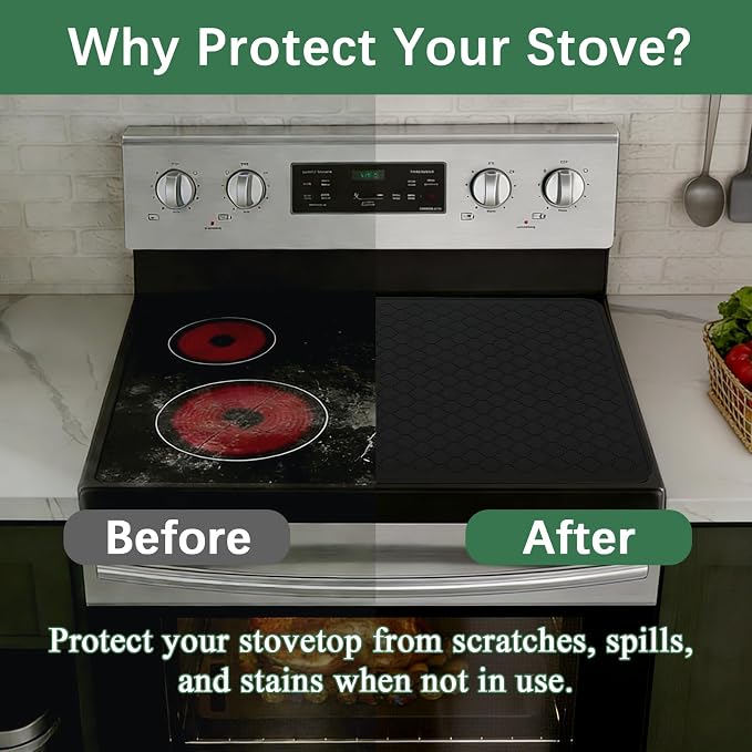 Stove Top Cover for Electric Stove - Food Grade Ceramic Stove top Cover, Silicone XXL Dish Drying Mat, Glass Cooktop Covers, Flat RV Range top Mats (Black, 27.5"X20")