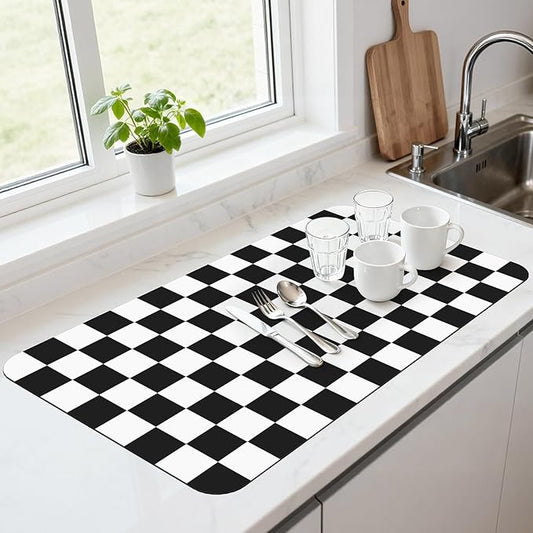 17" x 32" Checkered Dish Drying Mat for Kitchen Counter, Absorbent Coffee Bar Mat for Espresso Machine Coffee Countertops Accessories, Black