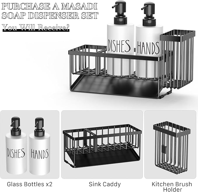 MASADI Kitchen Dish Soap Dispenser Set with Sponge Holder, 12OZ Glass Bottle, Hand and Dish Soap Dispenser Set, Non-Slip Silicone Pad, Brush Holder, Kitchen Sink Organizer Countertop (Black+White)