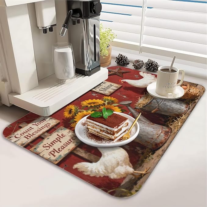 Dish Drying Mat 2-Pack in Rooster Country for Kitchen Counter Dishes Mat | Diatom Mud Mats (18x24, 19.5x12"). Non-slip rubber back for kitchen counter, coffee bar & sink scenes