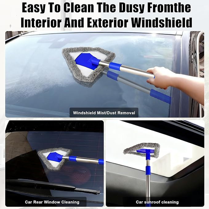 Windshield Squeegee Car Cleaning Tool, Equipped with 4 Reusable and Washable Ultra-Fine Fiber Pads, 13-16.7 inches Extendable Handle Can Rotate 180° Suitable for Car Glass and Household Windows
