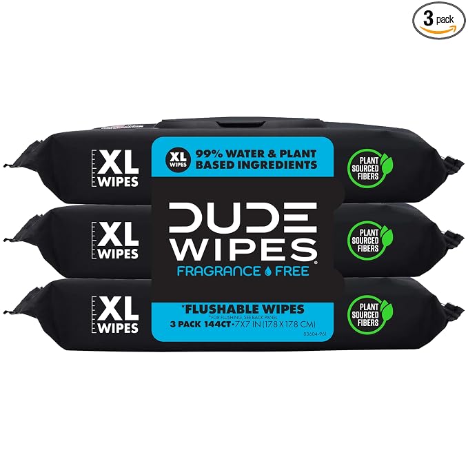 DUDE Wipes Unscented Flushable Wipes - Extra-Large Adult Wet Wipes for Sensitive Skin - 3 Pack (144 Count) - Infused with Vitamin E and Aloe - Septic and Sewer Safe