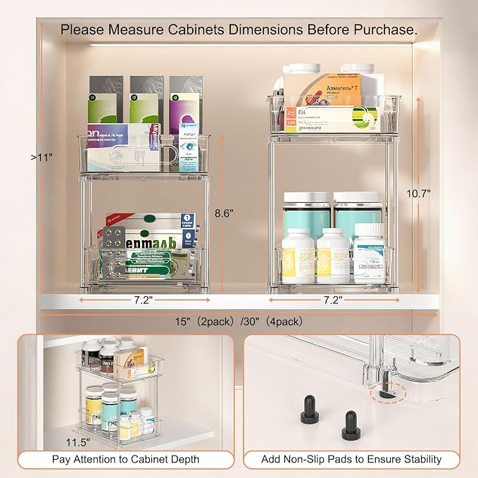 Delamu 2 Tier Under Sink Organizer Bathroom, Bathroom Cabinet Organizer with Snap-Lock Design and Hooks, Pull Out Storage with Movable Dividers, for Countertop, Kitchen and Pantry (Clear, 2 Pack)
