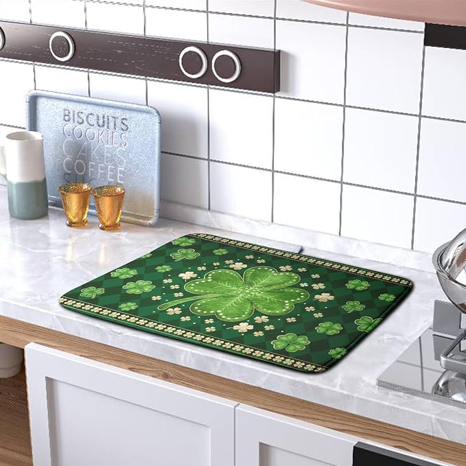 St Patricks Day Drying Mat for Kitchen Counter Shamrock Dish Drying Mats Lucky Clovers Green Plaid Dish Dryer Pad Absorbent Reversible Dish Drainer Rack Mat Kitchen Accessories 16x18 Inch