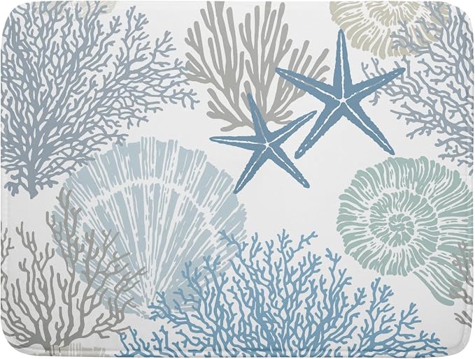 Nautical Dish Drying Mat for Kitchen Counter Coastal Seashell Starfish Summer Microfiber Absorbent Dish Draining Reusable Washable Foldable Extra Large 18"x24"