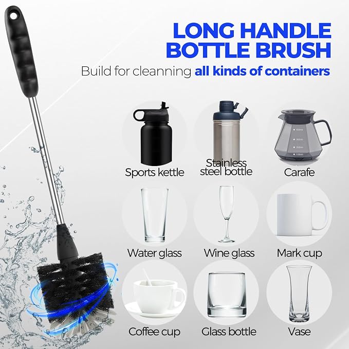 Holikme 6 Pack Bottle Brush Set, 14" Long Handle Stainless Steel Bottle Cleaner Brush, 3 Straw Brushes, Bottle Cleaning Brush for Water Bottle, Baby Bottle Straws, Black