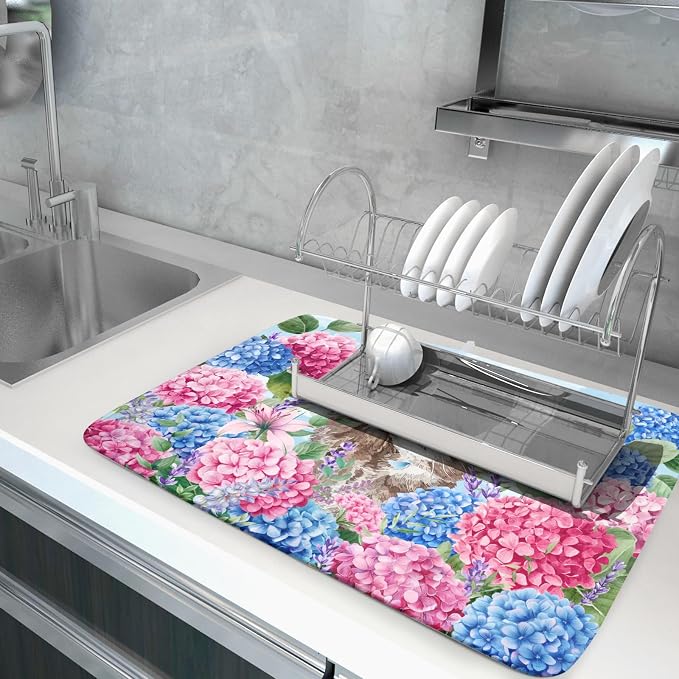 Cute Cat Dish Drying Mats for Kitchen Counter Hydrangea Floral Absorbent Drying Dishes Mat Large 18 X 24