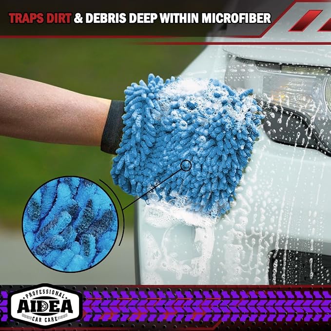 AIDEA Car Wash Mitt Microfiber, 1PK, Car Wash Brush, Blue, 7.12''X10.14'' | Scratch Free Lint-Free Premium Chenille Microfiber Mitt, Cleaning Supplies, Regular Size