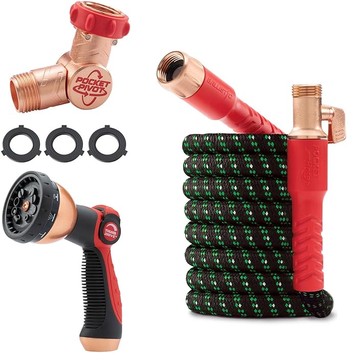 Pocket Hose Ballistic Double UV 25 FT Expandable Garden Hose, As Seen on TV | Anti-burst sleeve reinforced with bulletproof fiber, 360° swiveling pocket pivot connector, lightweight compact design
