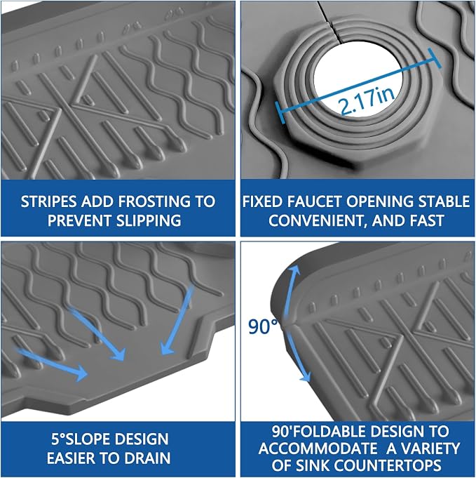 Sink Splash Guard Gen2-17" x 6'' Kitchen Sink Accessories,Silicone Sink Mat Splash Guard,fit for Countertop, Bathroom,Farmhouse,RV by EBIGIC (Grey)
