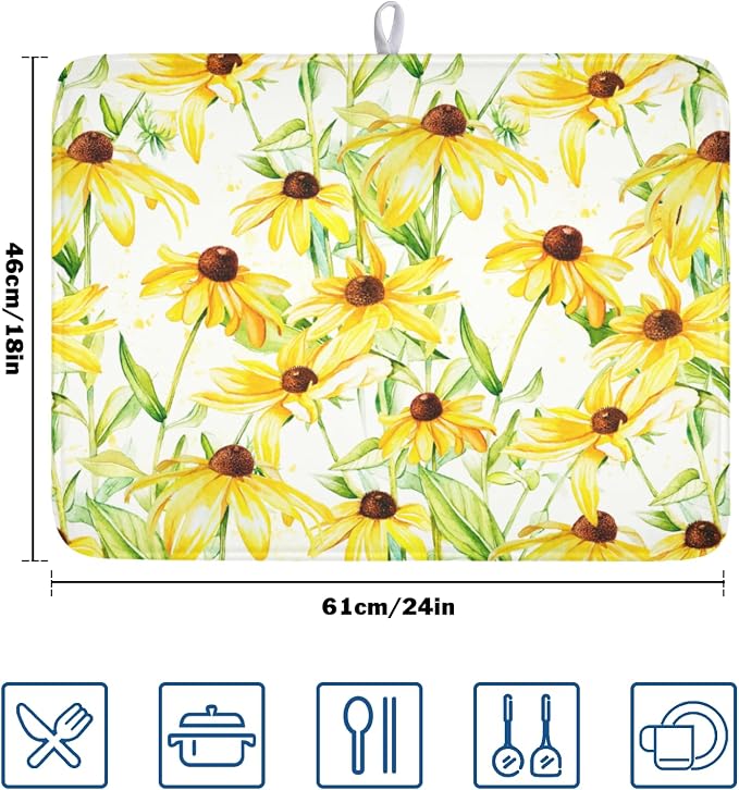 Yellow Sunflower Dish Drying Mat for Kitchen Counter 18x24 Inch | Floral，Polyester，Absorbent Microfiber，for Coffee Dining Bar Decor
