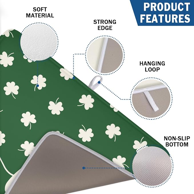 St Patricks Day Lucky Clover Dish Drying Mats for Kitchen Counter Green White Shamrock Dish Drying Pad St Patrick Microfiber Absorbent Reusable Washable Large Dishes Drying Mat 18x24 Inch