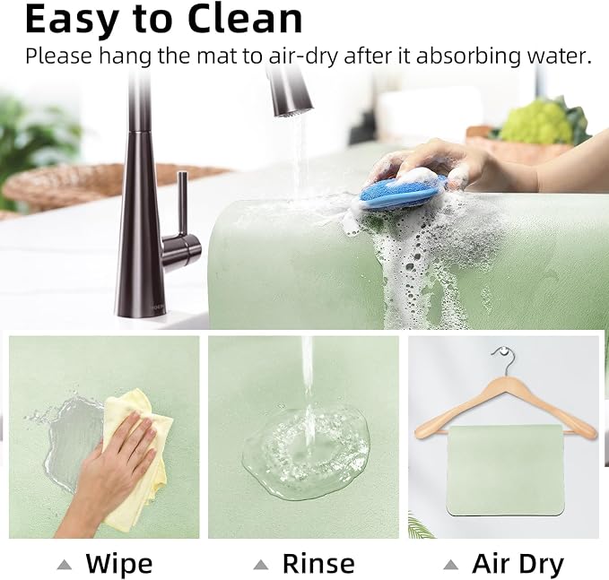LOPNUR Kitchen Dish Drying Mat, 24"x16" Dish Drying Mats for Kitchen Counter, Diatomite Coffee Mat, Super Absorbent Dish Drying Pad, Heat Resistant Mat with Anti-slip Rubber Backed, Sage Green