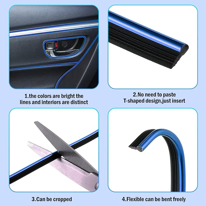 32 Feet Car Interior Moulding Trim Strips Universal Car Decoration Pinstriping Filler Insert Strips Dashboard Decorative DIY Flexible Garnish with Installing Tool(Simple Style,Blue)