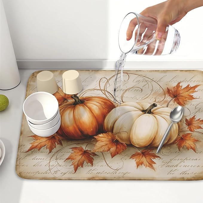 Fall Pumpkin Dish Drying Mat 18”x24”Vintage Autumn Drying Mat for Kitchen Counter Absorbent Maple Leaf Fall Thanksgiving Farmhouse Dishes Pad Drainer Mat Countertop Protector for Kitchen Fast Dry