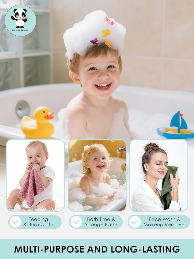 HIPHOP PANDA Baby Washcloths, Rayon Made from Bamboo - 2 Layer Ultra Soft Absorbent Newborn Bath Face Towel - Reusable Baby Wipes for Delicate Skin - Boho Earth Tones, 30 Pack