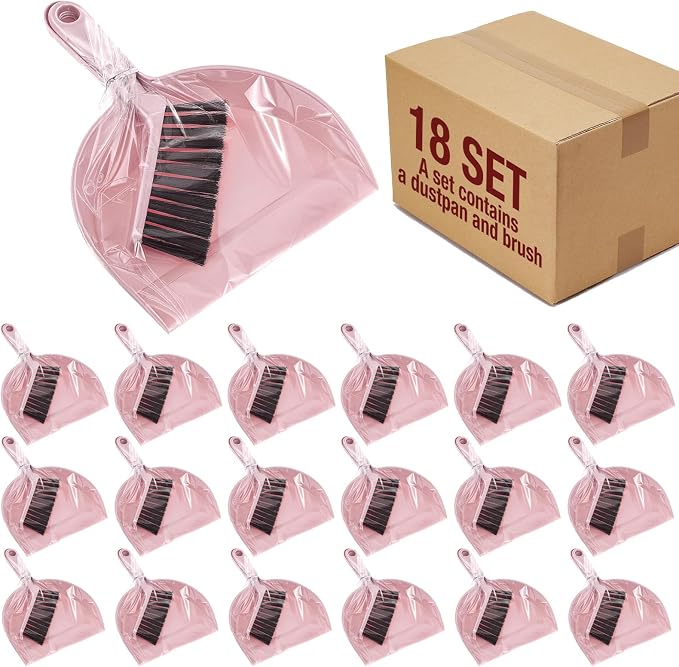 Sliner 18 Pack Mini Dustpan Brush Set Small Broom Set Bulk,Pink | Nesting Snap Plastic Dust Pans with Brush, Small, Handheld, Portable, Cleaning, Suitable for Desktop Pets Care Camping