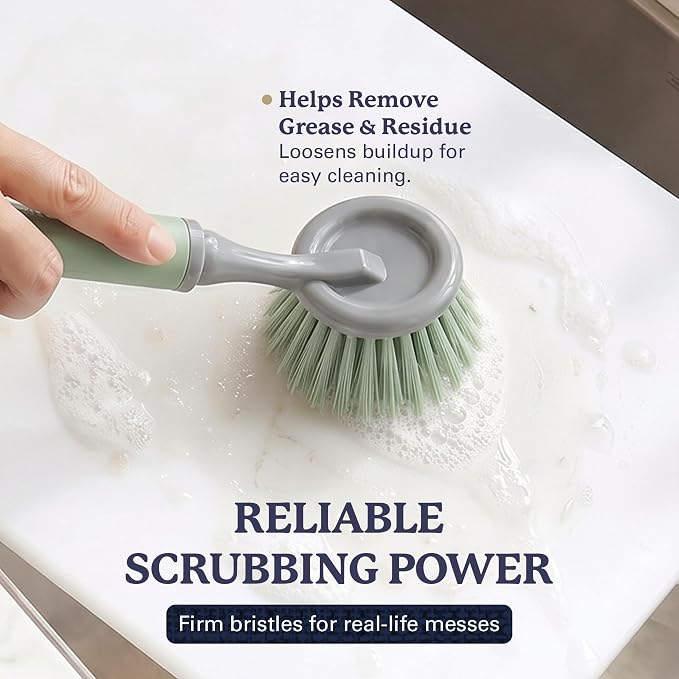 Farberware Dish Brush with Handle, 2 Pack, Firm Bristles | Kitchen scrub brush and dish scrubber removes grease, reaches pot and pan edges, 9in, round head, soft-grip design
