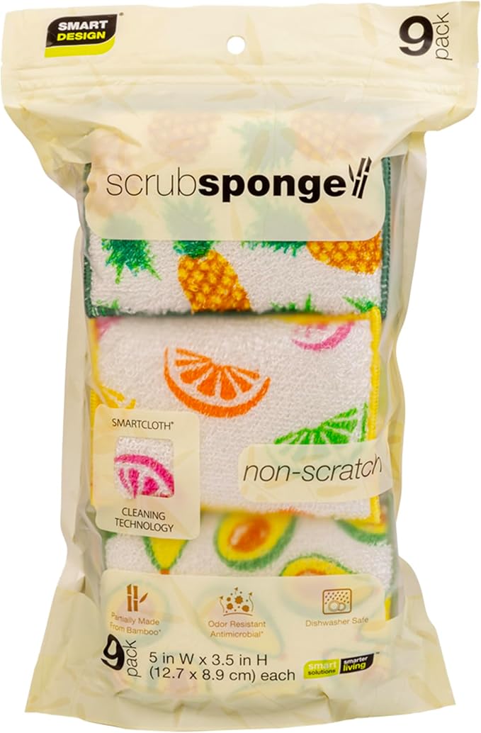 Smart Design Non Scratch Scrub Sponge with Bamboo Odorless Rayon Fiber - Set of 9 - Ultra Absorbent - Soft and Scrubber Side - Cleaning, Dishes, and Hard Stains - Prints