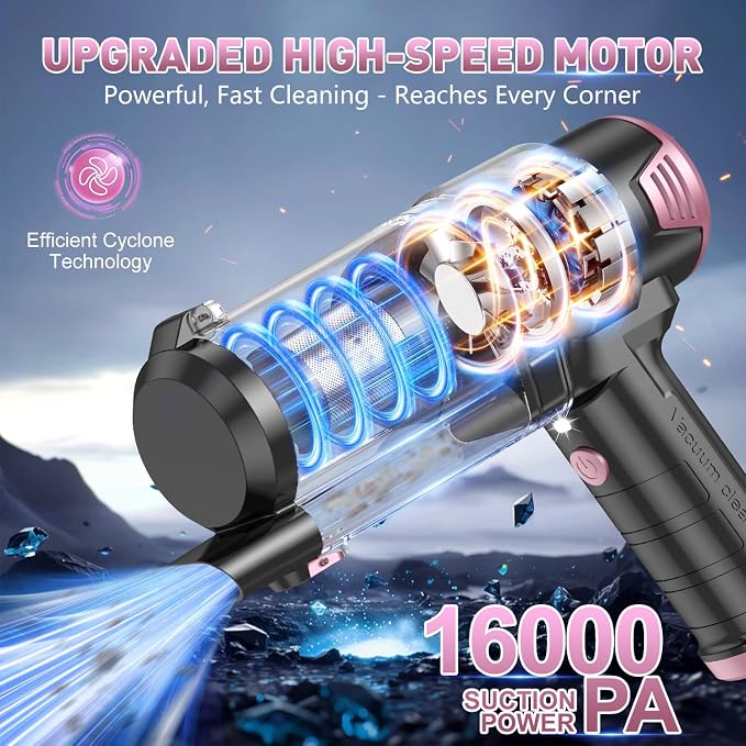 KMM Handheld Car Vacuum Cleaner, Hand Held Car Vacuum & Air Duster | 16000PA Strong Suction, 120W High Power, Cordless, Portable, Rechargeable, Multi-Nozzles & LED Light, For Home, Car, Office