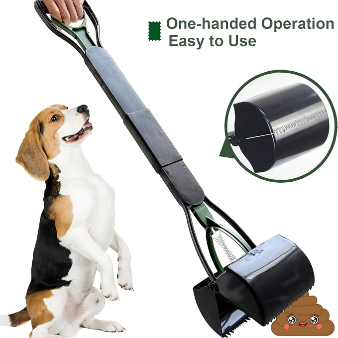 ienjoyed Pooper Scooper, Large Pooper Scooper for Dogs Heavy Duty, Dog Pooper Scooper with Long Handle & High Strength Durable Spring, Foldable Dog Poop Pick Up (32-inch) (Dark Green)