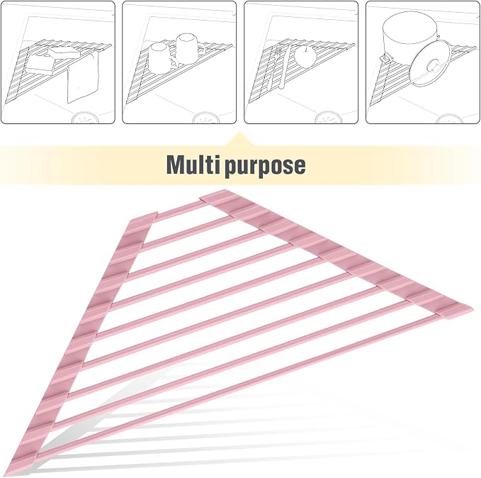 Tomorotec Compact Silicone-Coated Triangle Dish Drying Rack for Sink Corner - Foldable Stainless Steel Over-The-Sink Organizer and Storage Shelf (Pink)