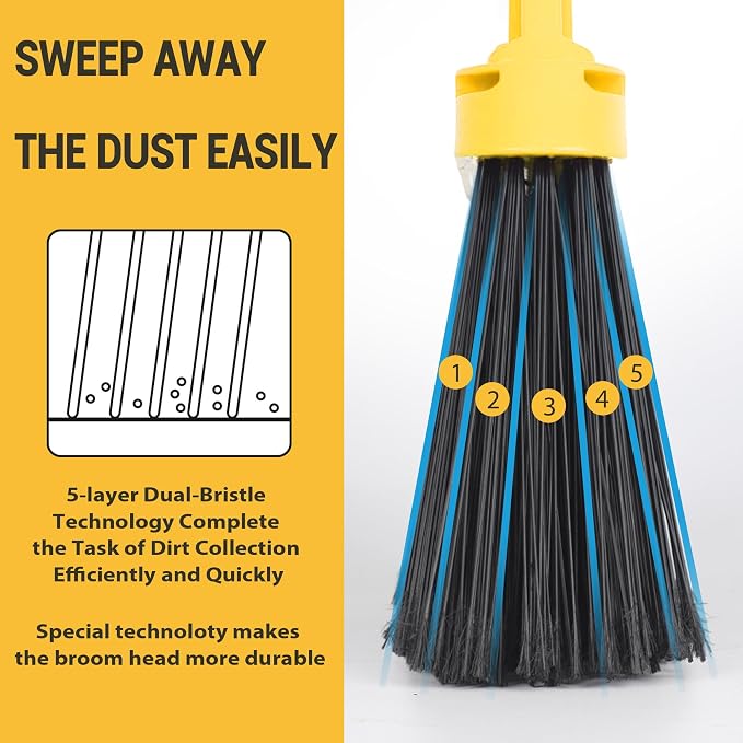 Commercial Broom and Dustpan Set, Jumbo Lobby Debris Dustpan (14inch*14inch), Heavy Duty Broom (14inch Width),for Indoor and Outdoor Cleaning,2 Sets, Yellow