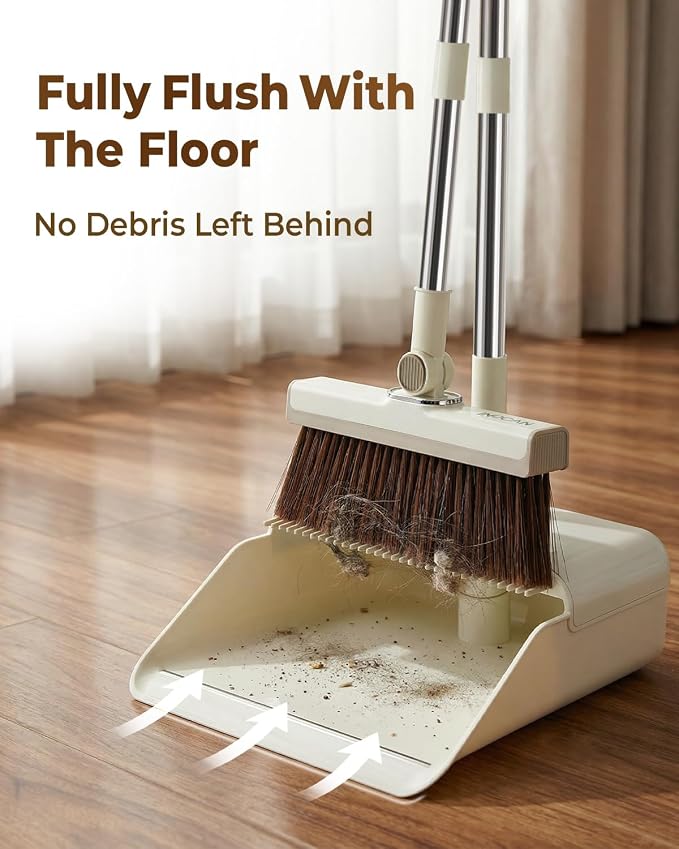 INDCAN Broom and Dustpan Set for Home, 54 Inch Long Handle Upright Broom, Rotatable Broom Head with Magnetic Mount & Self-Cleaning Teeth Comb, Indoor Floor Sweeping Set (Santra Pro) - Ivory