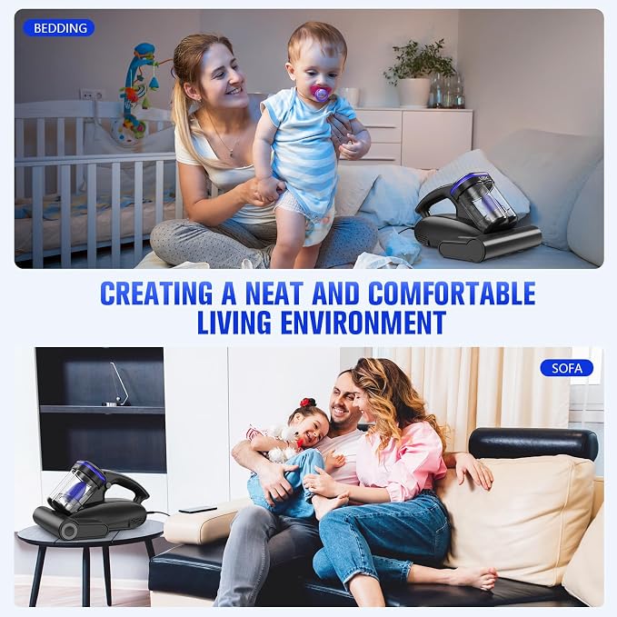 Mattress Vacuum with UV-C Light,16Kpa Bed Vacuum Cleaner for Sofa,Crib | 140°F High Heat, Ultrasonic, Double Dust Cup, Anti-Entanglement Roller, 5m Cord, 500W Motor, for Mattress, Couch, Pet Bed