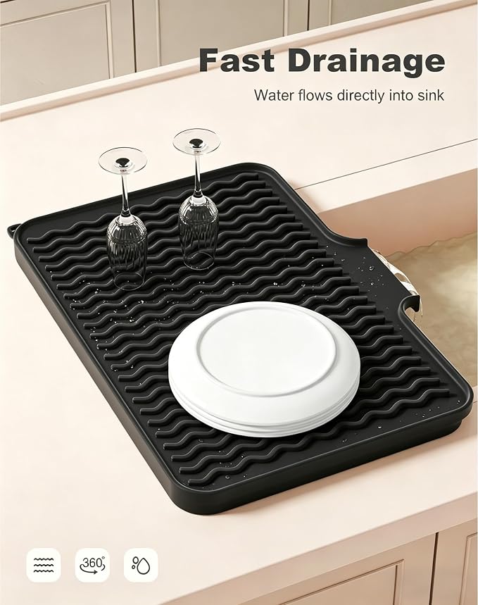 Rnivvi Silicone Dish Drying Mat for Kitchen Counter, 16 x 12" Drainer Pad with Drainage Spout, Heat Resistant Trivet Non-Slip Dish Rack Mats for Countertop Protection, Kitchen Bar Decor Pad, Black