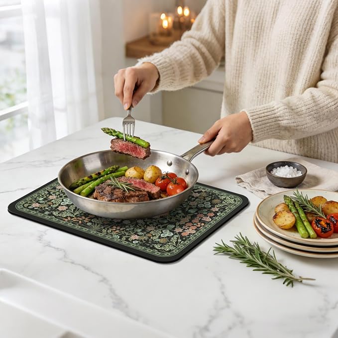 Dish Drying Mat for Kitchen Counter 17x32 Inch, Boho Quick Dry Coffee Mat | Made of super absorbent diatomite that quick dries dishes, coffee machine & sink area. Non-slip rubber base for countertop