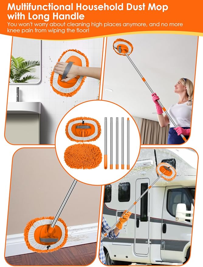 2 in 1 Lightweight Wall Cleaner Mop with Long Handle 75" 190cm Lint-Free Chenille Duster Mop for Kitchen Baseboard Floor Ceiling Glass Window Roof Adjustable Cleaning Brush Tool, 2 Replacement Heads