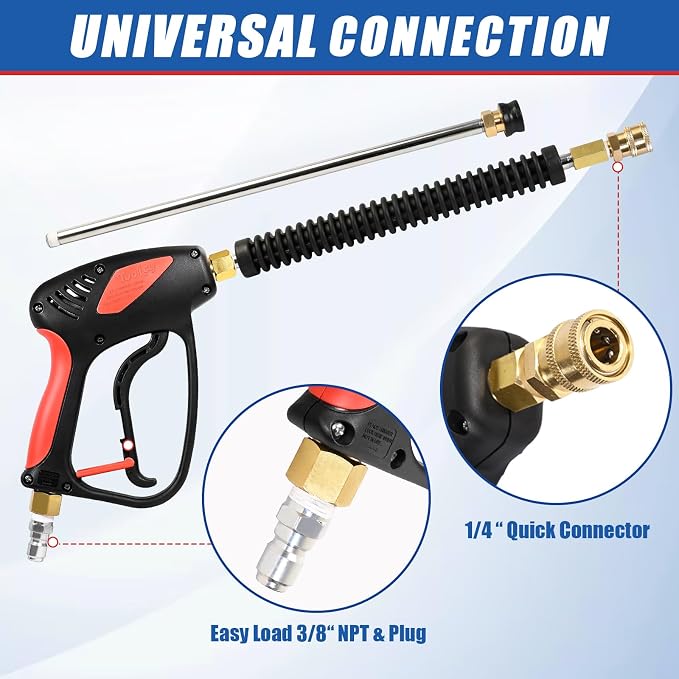 TOOLCY Pressure Washer Gun, Adjustable Power Washer Swivel Gun and Extension Wand, 4000 PSI, 7 GPM, M22-14mm to 3/8" Quick Connection, 5 Nozzle Tips, Fit Most Power Washer