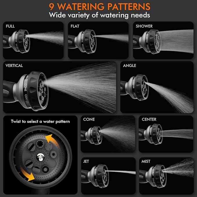 RESTMO Hose Nozzle Heavy Duty, Metal Water Hose Sprayer for Garden | 9 Spray Patterns, Leak Proof, Thumb Flow Control, On/Off Valve, Ideal for Outdoor Lawn & Plant, Car & Pet, Silver
