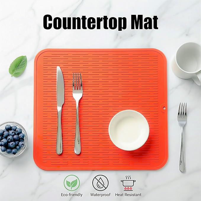 MicoYang Silicone Dish Drying Mat for Multiple Usage,Easy clean,Eco-friendly,Heat-resistant Silicone Mat for Kitchen Counter or Sink,Refrigerator or Drawer Liner Orange XL 18 inches x 16 inches