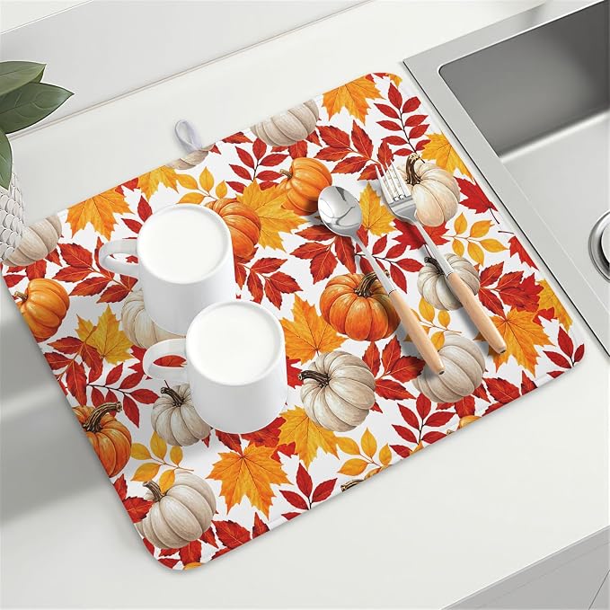 Fall Pumpkin Dish Drying Mat for Kitchen Counter 18x24 Inch Autumn Pumpkins Maple Leaves Drying Mats Thanksgiving Absorbent Reversible Dish Pad Fast Dry Drainer Mat Protector for Countertop Coffee Bar