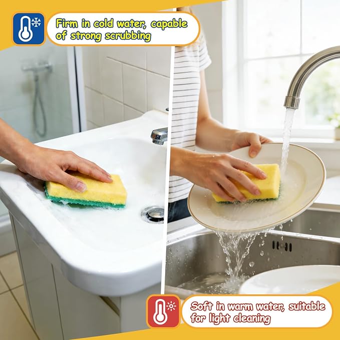 Orighty Dish Sponges, Dual-Sided Temperature-Responsive Kitchen Sponges, Non-Scratch Cleaning Sponge, Dish Scrubber, Scrub Sponge for Kitchen, Bathroom & Household, 12 Pack
