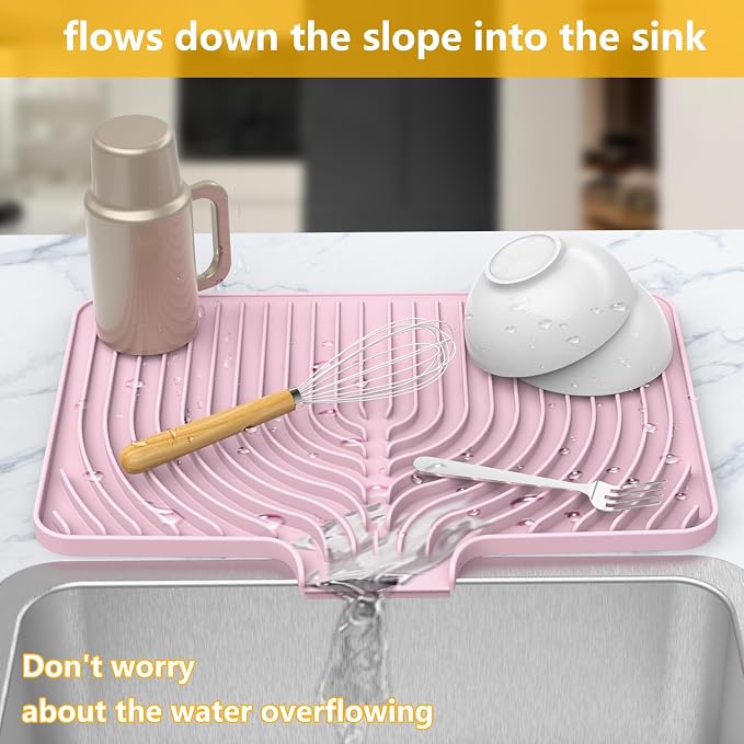 Dish Drying Mat for Kitchen Counter, 18"x12" Dish Drying Rack (pink) | Various Sizes & Colors,Steep-Slope Built in Drain,High-fin Ventilation,Food-grade Silicone,500F heat resistant,for Flat sinks