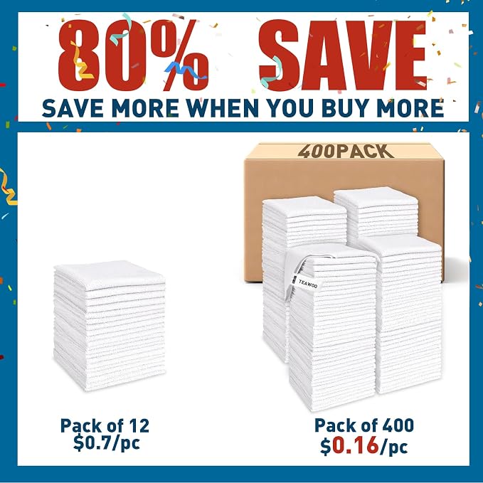 TEAWOO White Microfiber Cleaning Cloths Bulk-400 Pack, Microfiber Towels Bulk, Towels for Cars, Cleaning Rags White (12x12 inches)