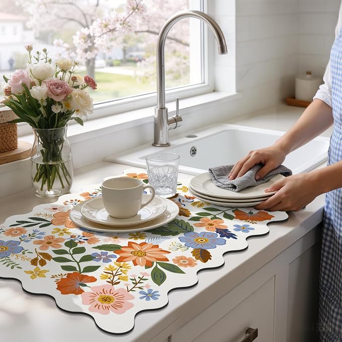 LOKHOM Scalloped Floral Dish Drying Mat, 18"x24" Super Absorbent Coffee Mat with Unique Spring Wildflowers, Cuttable Hide Stain Non-slip Drying Mat for Kitchen Counter Coffee Maker Espresso Machine