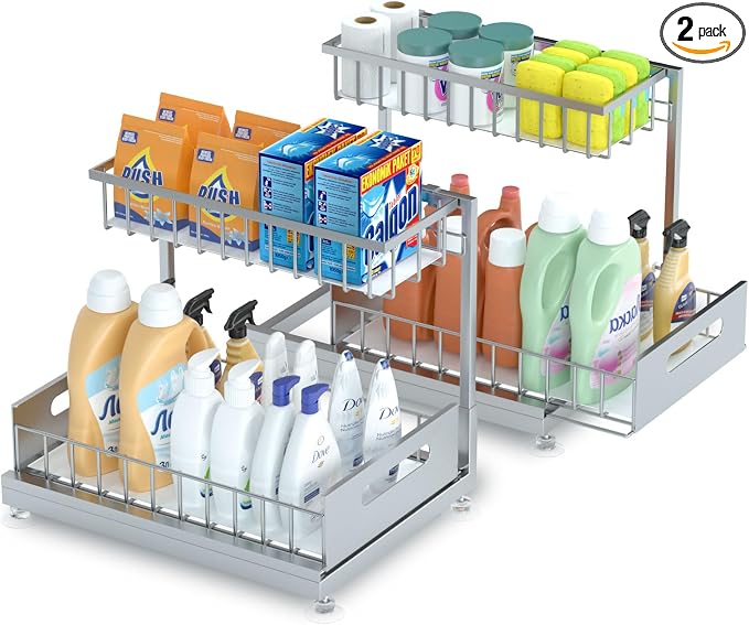 Saydear 2-Pack L-Shaped Under Sink Organizer, 2-Tier Pull-out Cabinet Rack | Grey Height-Adjustable Steel Rack, Sliding Grid Drawers with PP Liners, Holds 100 Lbs, Suction Base, Ideal Kitchen Storage
