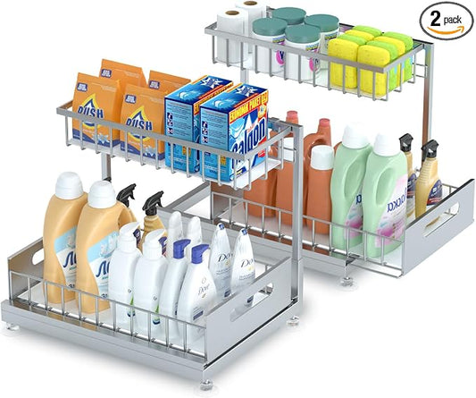 Saydear 2-Pack L-Shaped Under Sink Organizer, 2-Tier Pull-out Cabinet Rack | Grey Height-Adjustable Steel Rack, Sliding Grid Drawers with PP Liners, Holds 100 Lbs, Suction Base, Ideal Kitchen Storage