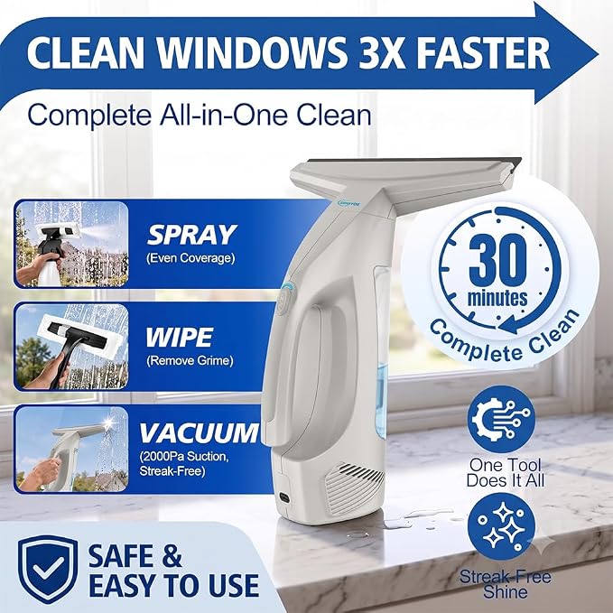 GARYOG Window Vacuum Squeegee Cordless,Electric Window Cleaner Kit with 31-40" Extendable Pole,2000Pa, 2200mAh,150ml Tank,2 Squeegee Blades for Shower Glass,Mirrors,Car,Tiles.