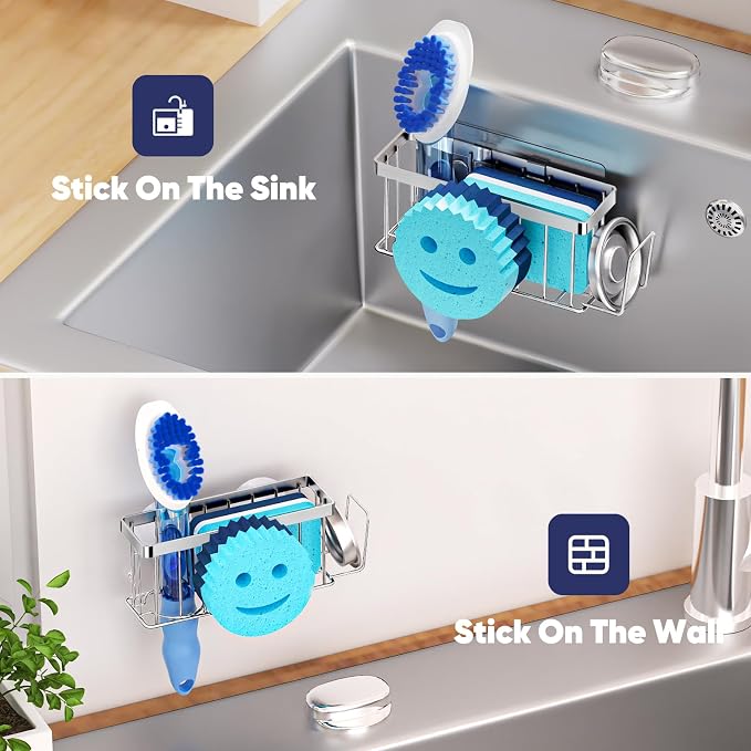 MURLONG Sponge Holder for Kitchen Sink,Sink Caddy Smiley Face,4-in-1 Sponge Holder with Suction Cups & 1 PCS Adhesive Strips for Holding Soap,Brush,Scrubber,Sponge,Stopper-Silver