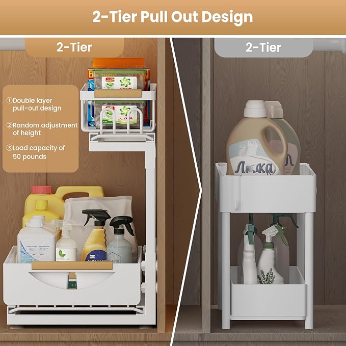 Under Sink Organizer and Storage for Bathroom and Kitchen - 2 Pack 2 Tier Under Cabinet Pull Out Shelf Organizers - Slide Out Drawer Organization for Home Cabinets Shelves and Drawers