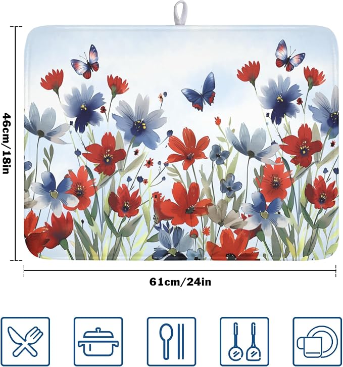 4th of July Dish Drying Mat for Kitchen Counter 18 x 24 Inch Patriotic Floral Dish Drainer Mat Absorbent Microfiber Independece Day Dish Rack Pad for Coffee Dining Bar Decor