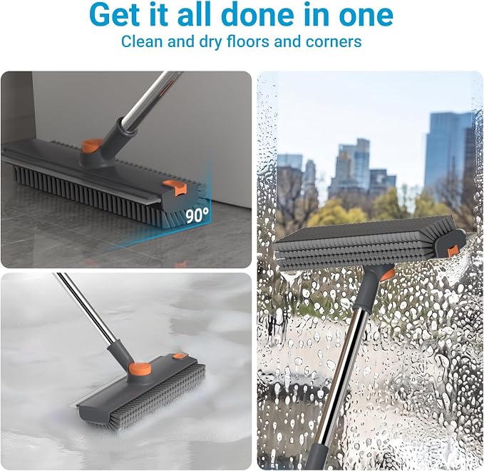 Pool Scrub Brush with 52" Pole, 3 in 1 Pool Cleaning Brush with Squeegee, Floor Scrub Brush with Long Handle, Deck Brush for Swimming Pool Tile Wall Patio Concrete Gray