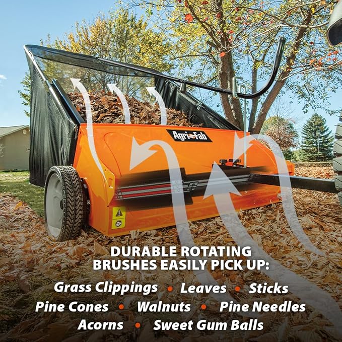 Agri-Fab 44 In Tow-Behind Lawn Sweeper with 28 Cu Ft Flow-Through Hopper Bag, Adjustable Brush Height, and Dump From Seat Handle